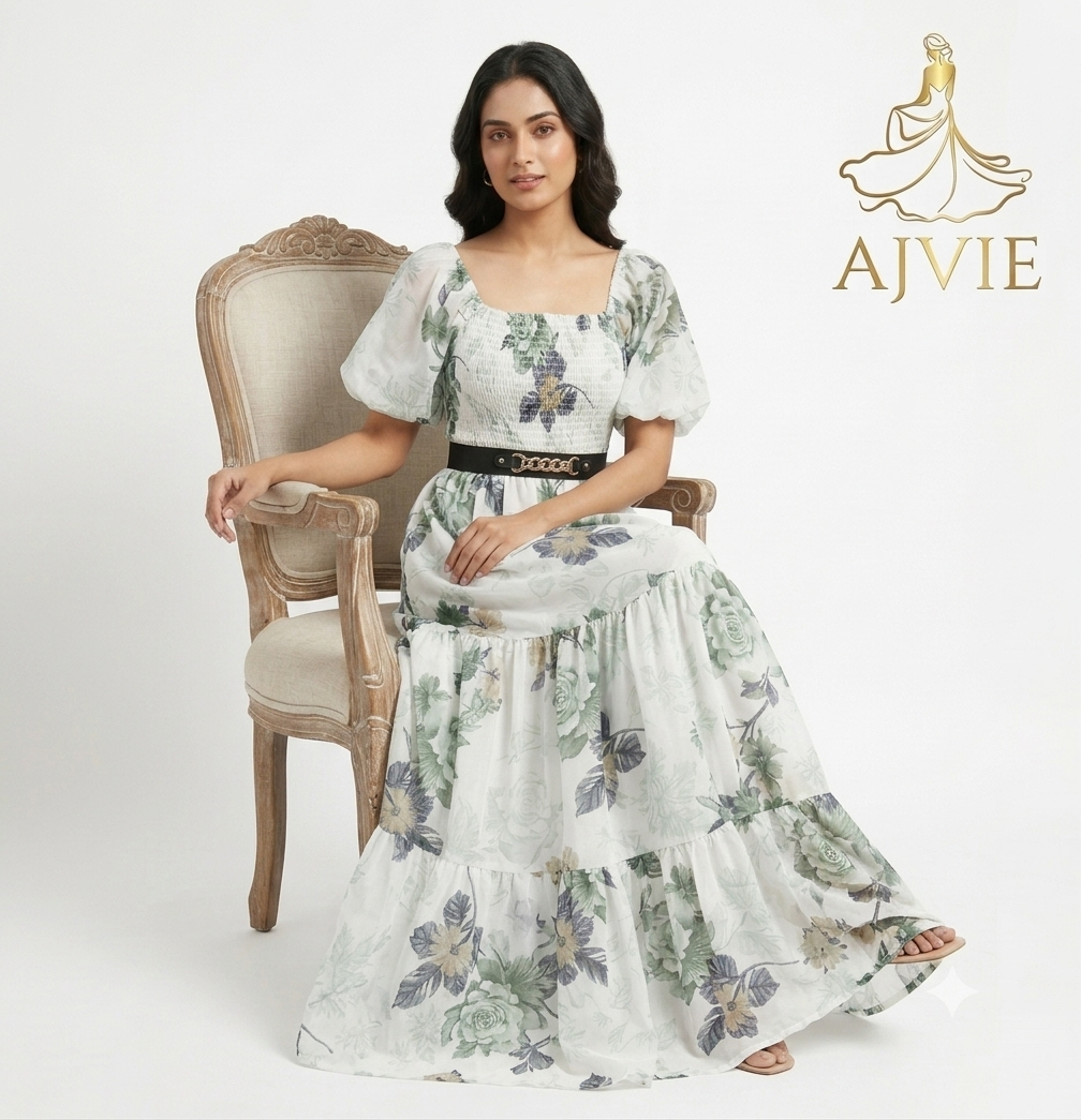 AJVIE Women's Green Maxi Dress | Smocked Square Neck Puff Sleeve Tiered Gown with Belt