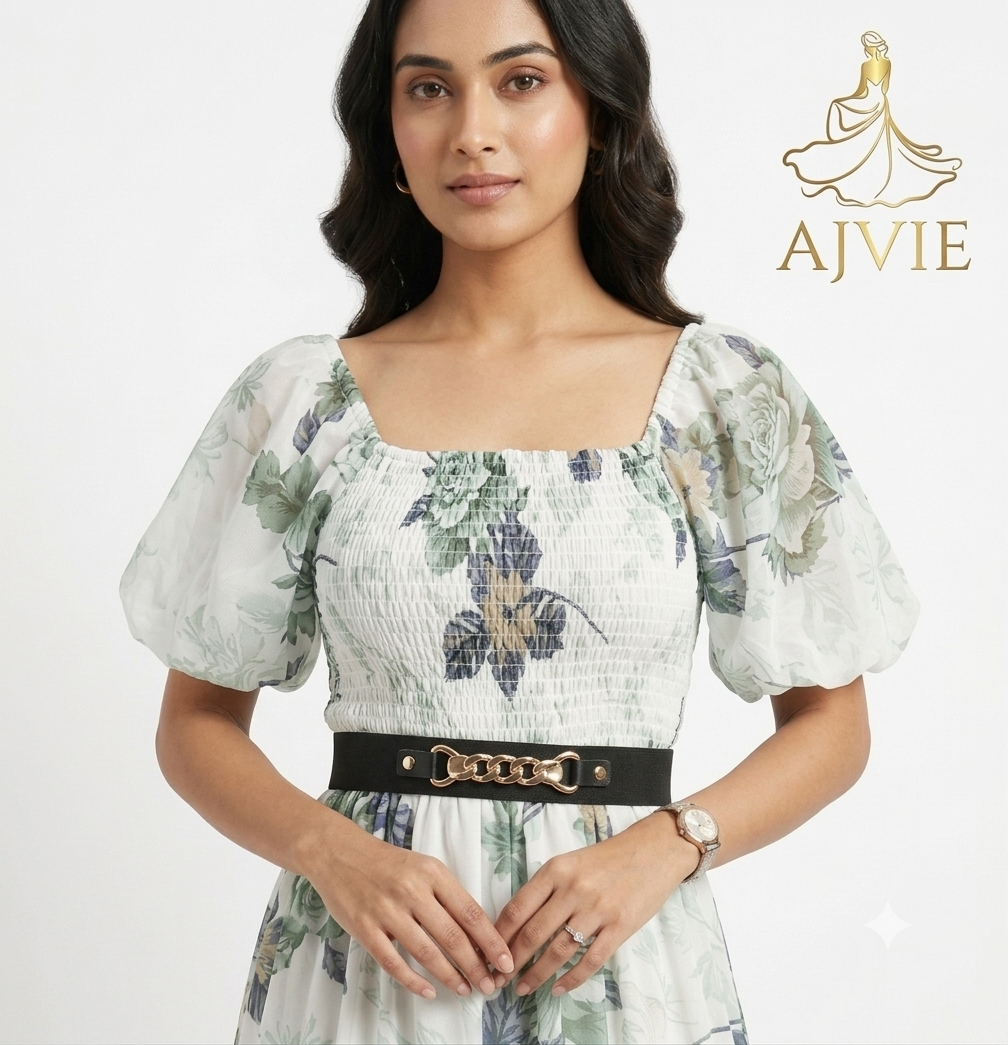 AJVIE Women's Green Maxi Dress | Smocked Square Neck Puff Sleeve Tiered Gown with Belt