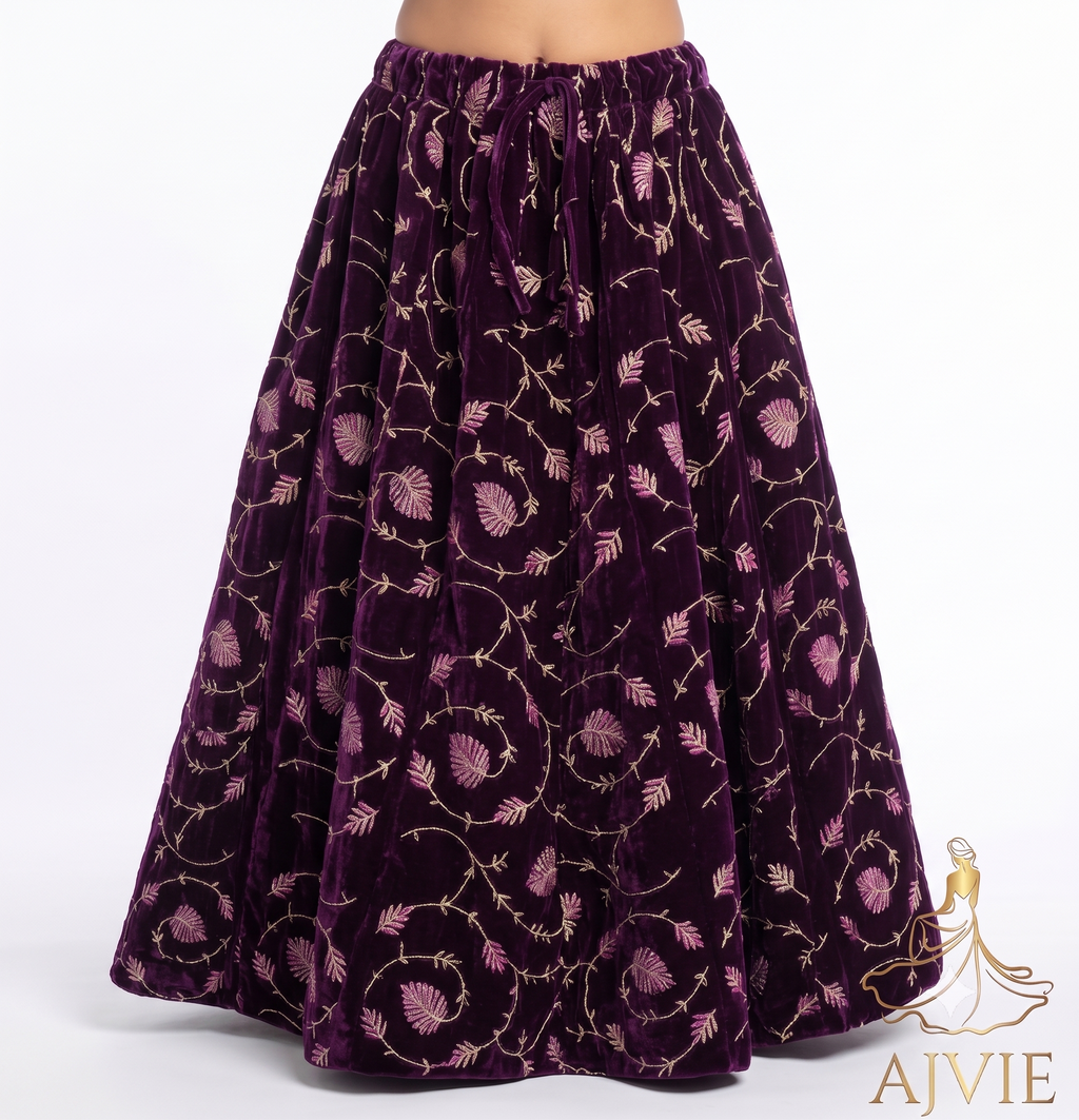 AJVIE Women's Embroidered Velvet Maxi Skirt - Floral A-Line Lehenga Skirt