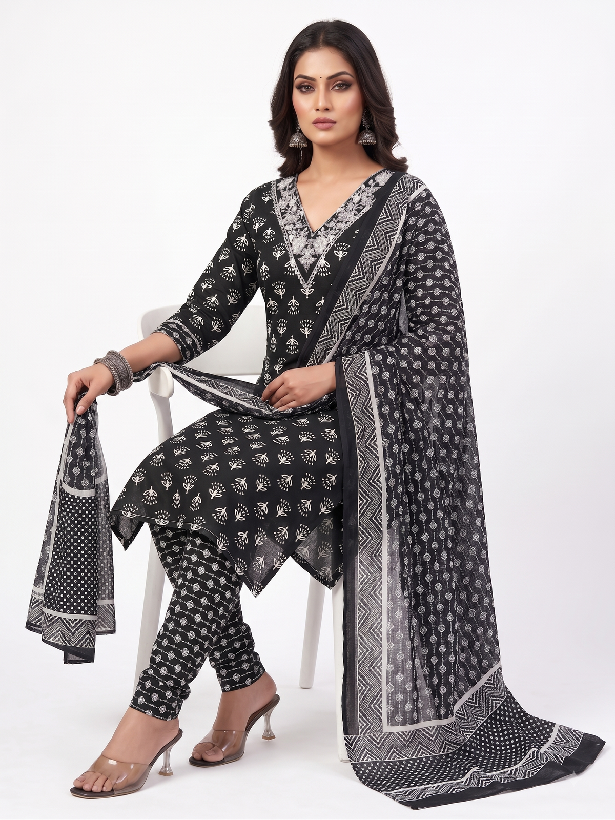 AJVIE Women Black & White Printed Cotton Straight Kurta with Churidar & Matching Dupatta Set