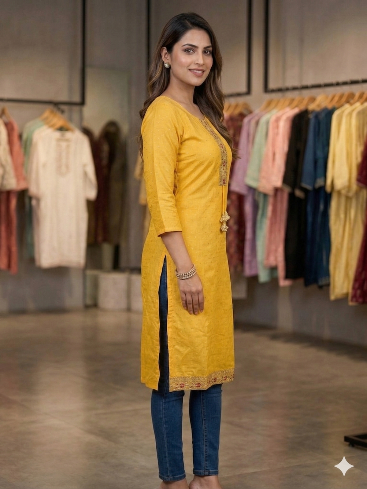 AJVIE Women Mustard Yellow Embroidered Straight Kurti with Tassels & Border Detailing