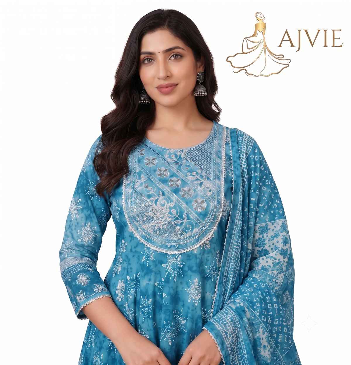 AJVIE Women's Teal Blue Printed Flared Anarkali Kurta Set with Matching Pants and Dupatta