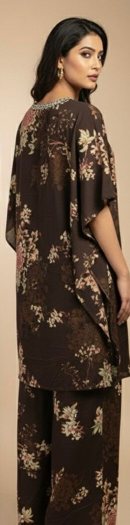 AJVIE Vintage Bloom Embellished Brown Floral Kaftaan Set