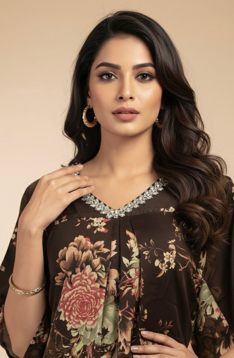 AJVIE Vintage Bloom Embellished Brown Floral Kaftaan Set