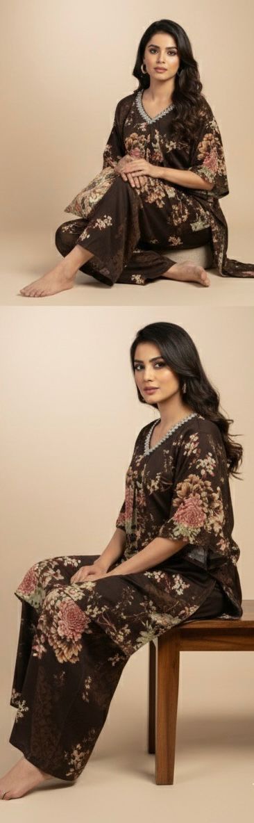 AJVIE Vintage Bloom Embellished Brown Floral Kaftaan Set