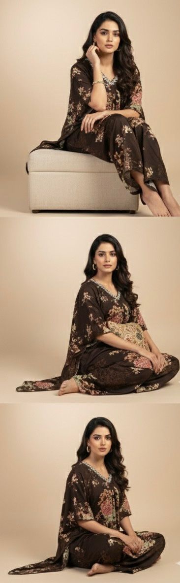AJVIE Vintage Bloom Embellished Brown Floral Kaftaan Set