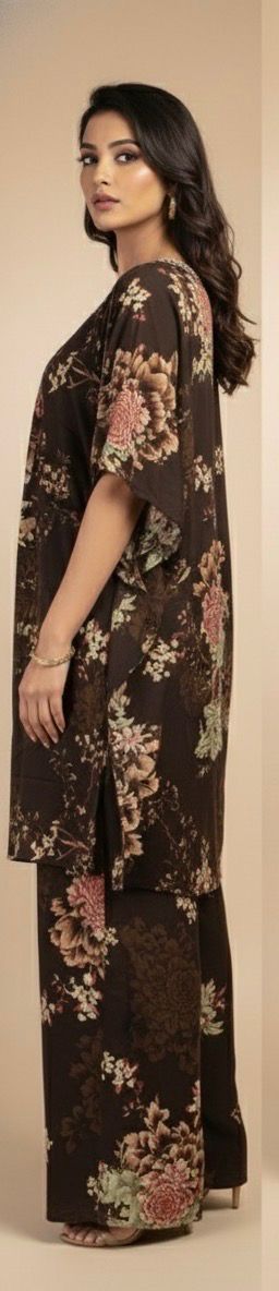 AJVIE Vintage Bloom Embellished Brown Floral Kaftaan Set