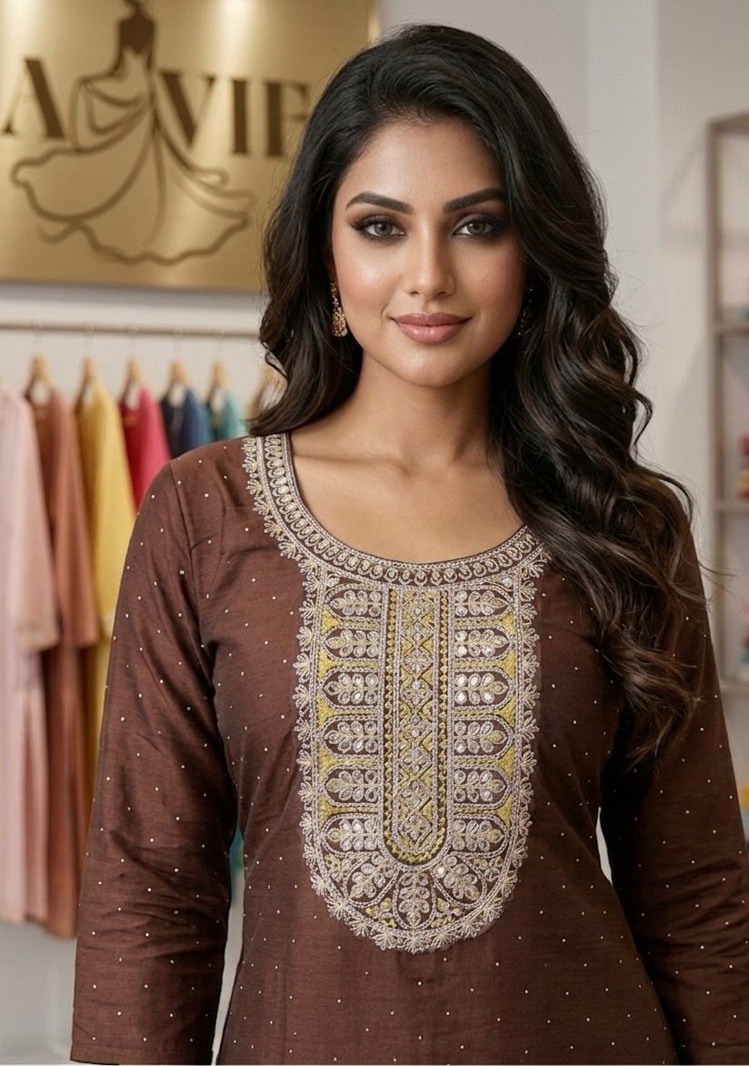 AJVIE Women’s Chocolate Brown Embroidered Straight Kurti | 3/4 Sleeve Ethnic Kurta with Designer Neckline