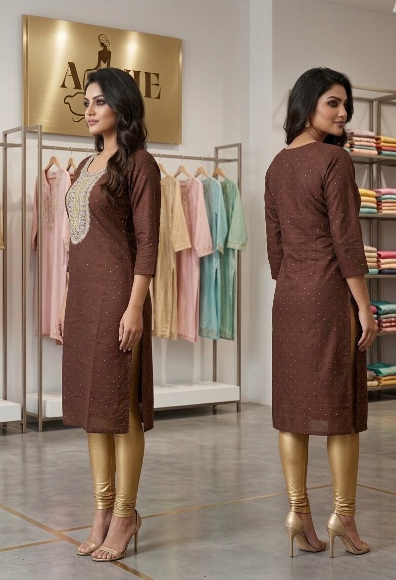 AJVIE Women’s Chocolate Brown Embroidered Straight Kurti | 3/4 Sleeve Ethnic Kurta with Designer Neckline