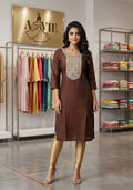 AJVIE Women’s Chocolate Brown Embroidered Straight Kurti | 3/4 Sleeve Ethnic Kurta with Designer Neckline
