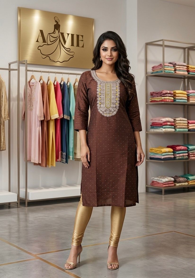 AJVIE Women’s Chocolate Brown Embroidered Straight Kurti | 3/4 Sleeve Ethnic Kurta with Designer Neckline