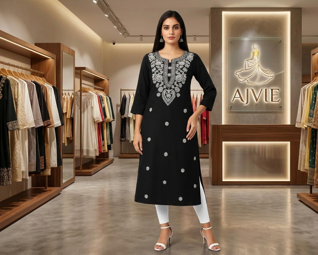 AJVIE Women's Black & Silver Lakhnavi Embroidered Straight Kurti - Georgette, 3/4 Sleeves