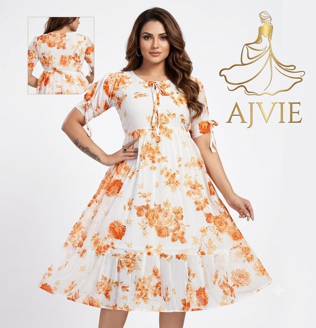 AJVIE Women's Floral Print Midi Dress | Tie-Up Neck & Ruffle Hem A-Line One Piece