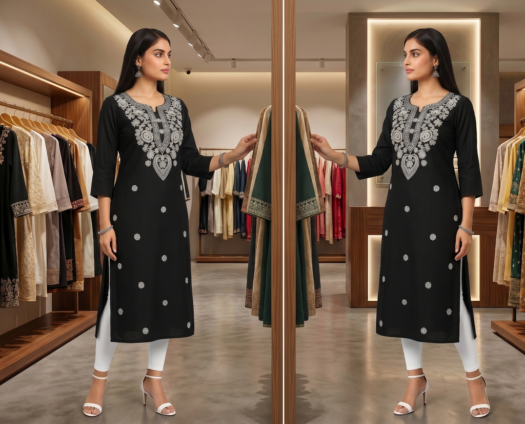 AJVIE Women's Black & Silver Lakhnavi Embroidered Straight Kurti - Georgette, 3/4 Sleeves