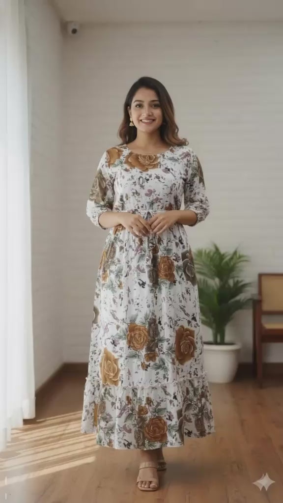White Botanical Print Maxi Dress with 3/4 Sleeves by AJVIE