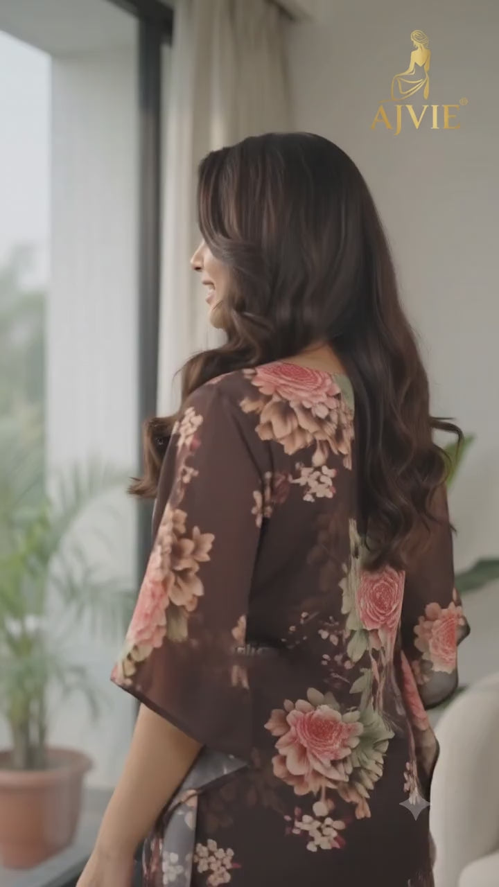 AJVIE Vintage Bloom Embellished Brown Floral Kaftaan Set