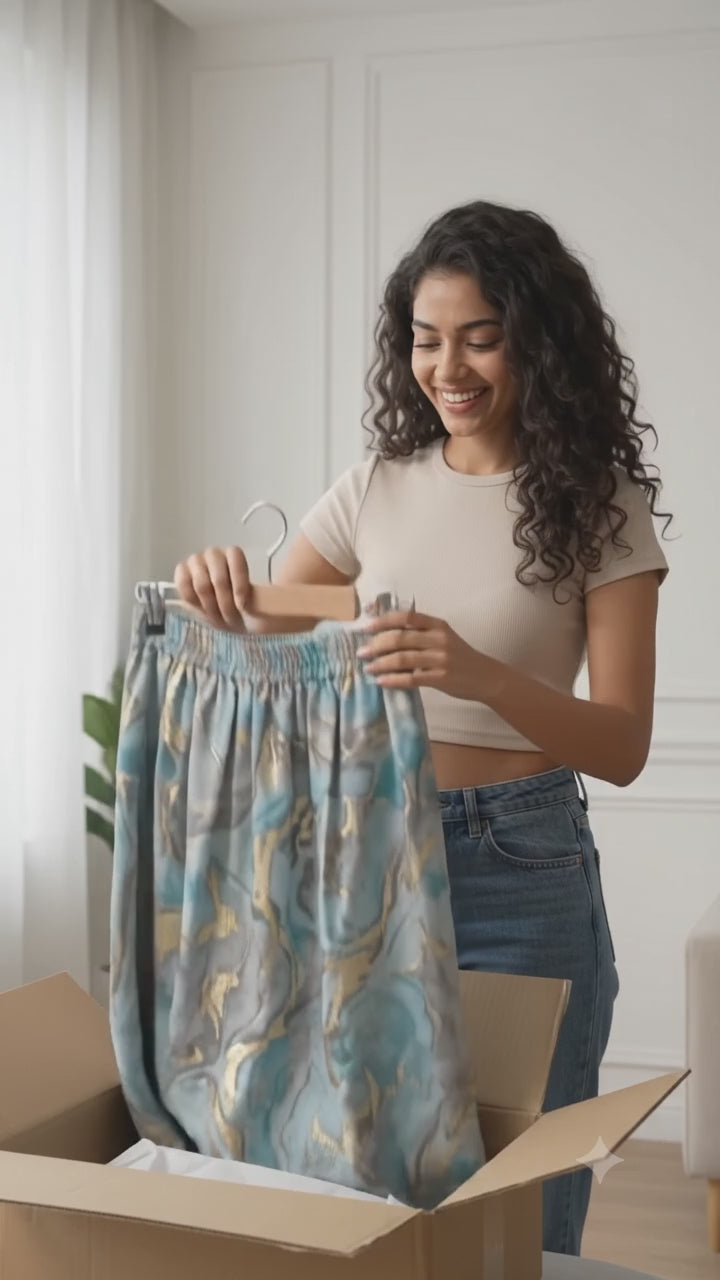 AJVIE Celestial Azure & Gold Marbled Flared Skirt