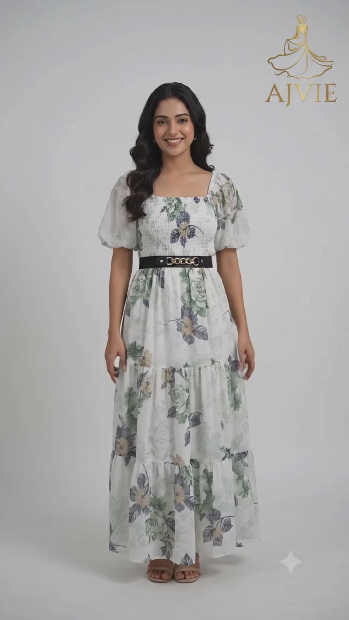AJVIE Women's Green Maxi Dress | Smocked Square Neck Puff Sleeve Tiered Gown with Belt